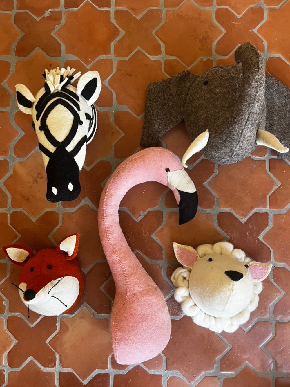 Fiona Walker Animal Heads SET OF FIVE *Elephant, Flamingo, Zebra, Fox & Sheep*